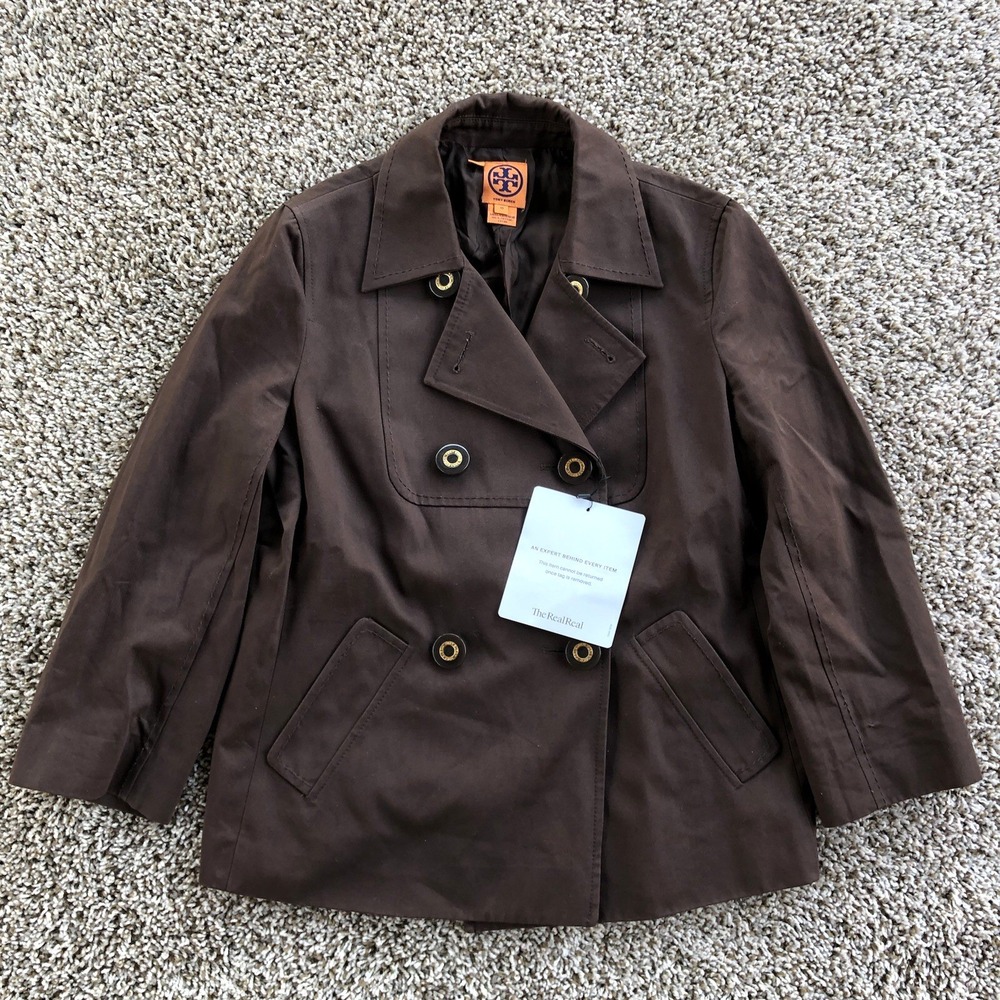 Tory Burch Short Trench Coat Size 10 Brown Double Breasted 6-Button Crop Jacket